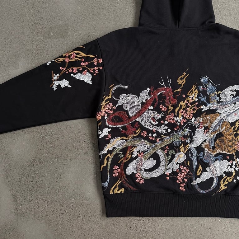 Derschutze Dragon & Tiger Embroidered Zip Hoodie Black - 21