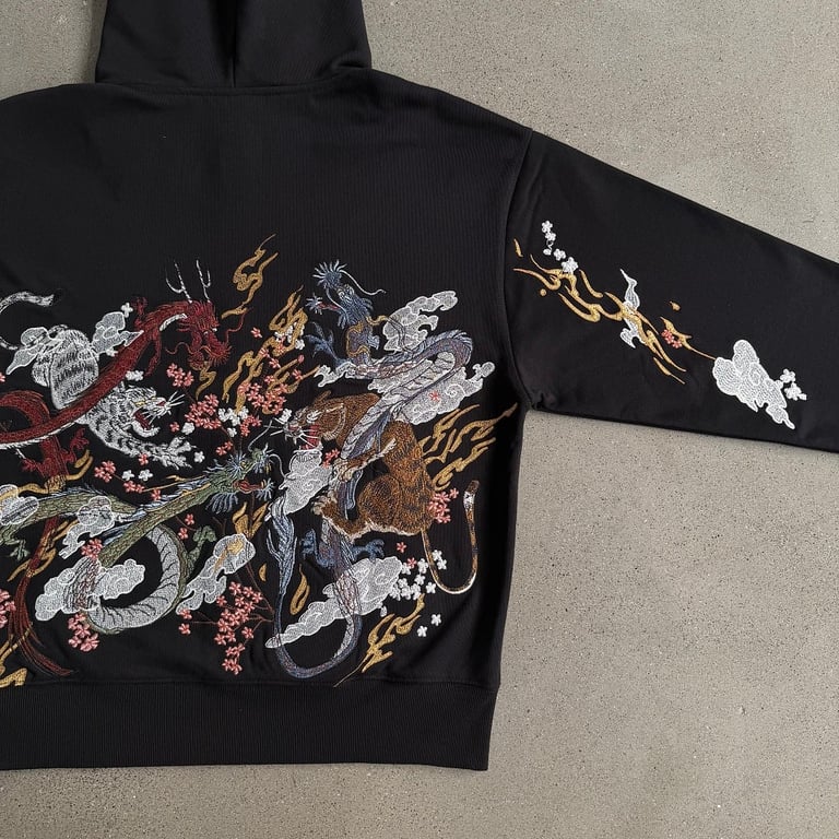 Derschutze Dragon & Tiger Embroidered Zip Hoodie Black - 22