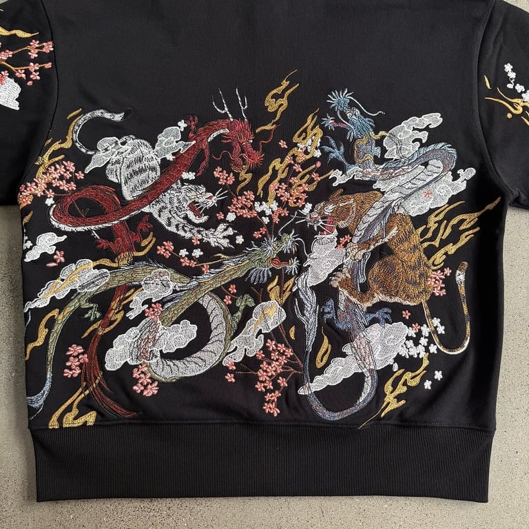 Derschutze Dragon & Tiger Embroidered Zip Hoodie Black - 25