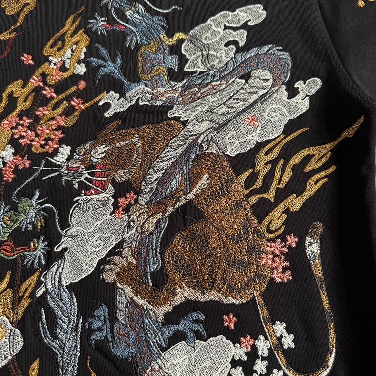 Derschutze Dragon & Tiger Embroidered Zip Hoodie Black - 27