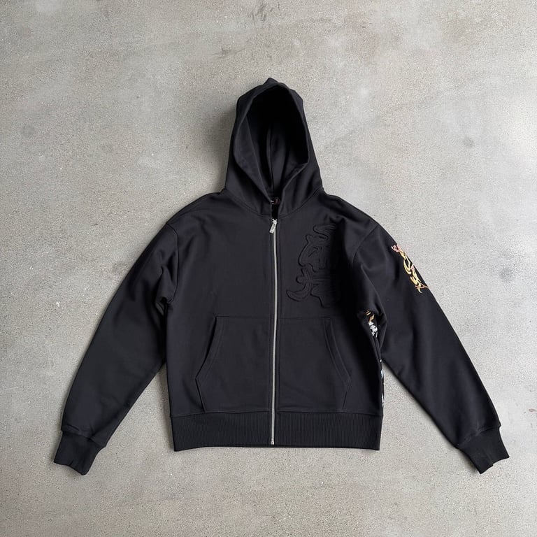 Derschutze Dragon & Tiger Embroidered Zip Hoodie Black - 6