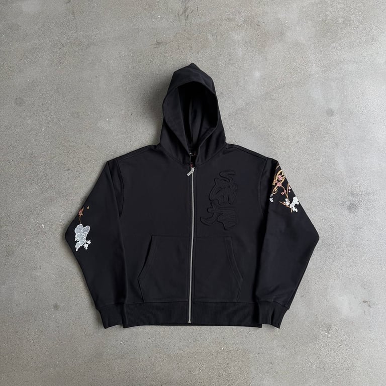 Derschutze Dragon & Tiger Embroidered Zip Hoodie Black - 7