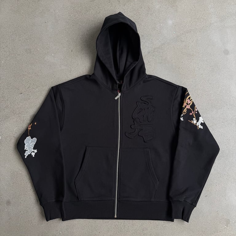 Derschutze Dragon & Tiger Embroidered Zip Hoodie Black - 8