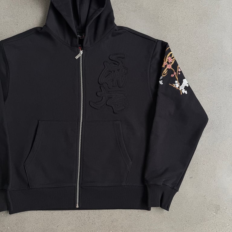 Derschutze Dragon & Tiger Embroidered Zip Hoodie Black - 9