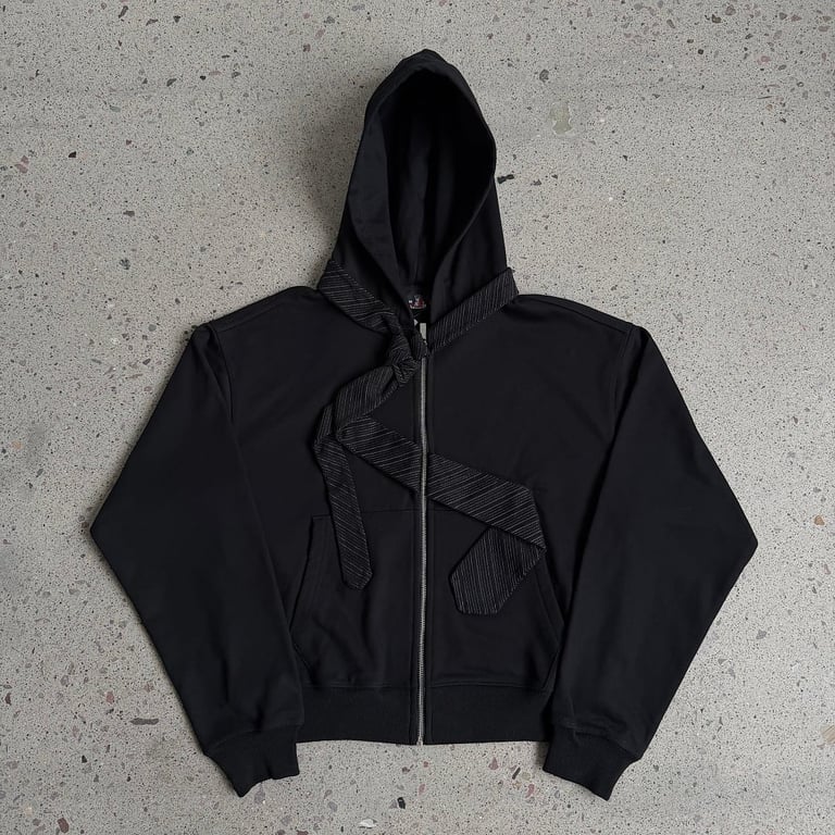 Derschutze Tie Detail Zip Hoodie Black - 6