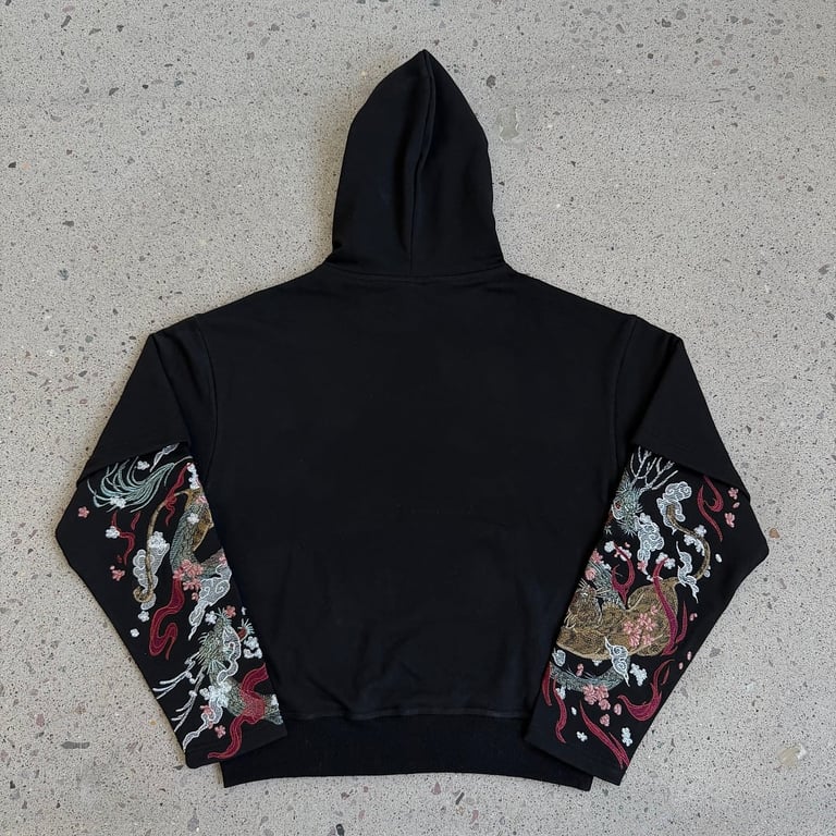 Derschutze Dragon & Tiger Embroidered Hoodie Black - 34