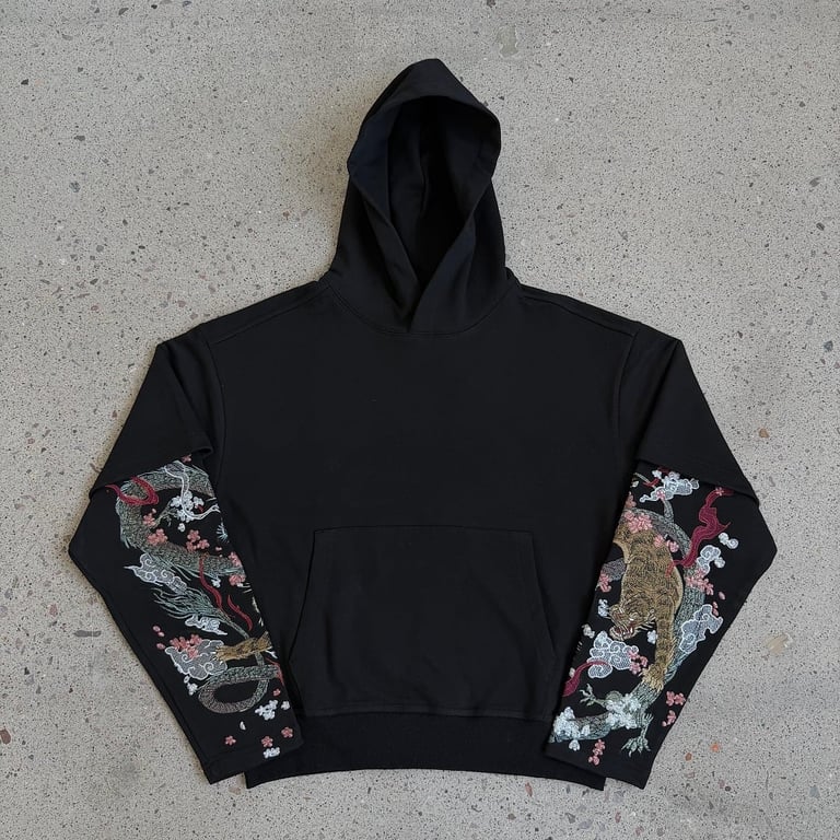 Derschutze Dragon & Tiger Embroidered Hoodie Black - 8