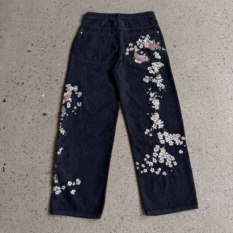 Derschutze Sakura Koi Embroidered Raw Denim Jeans - 19