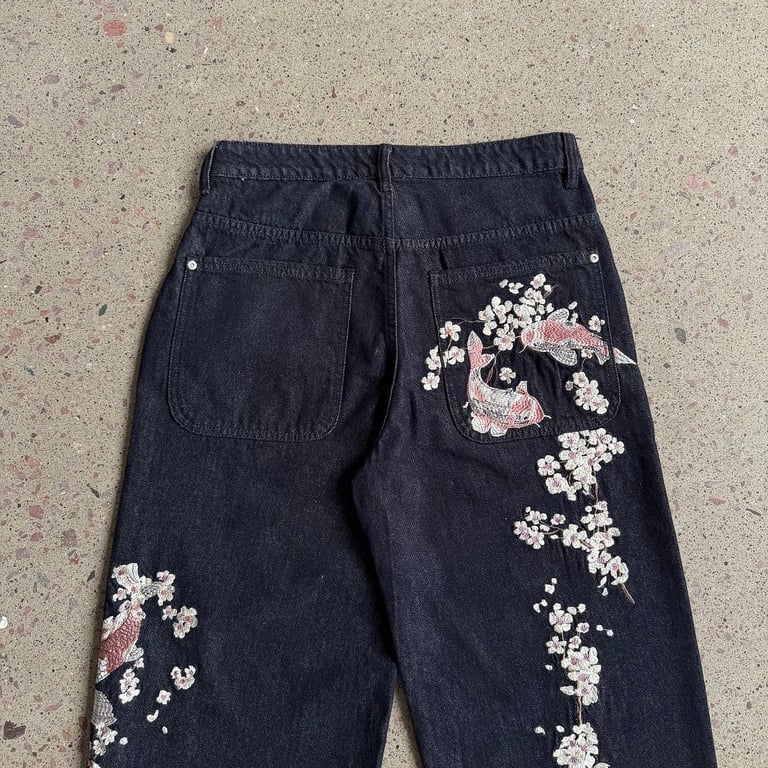 Derschutze Sakura Koi Embroidered Raw Denim Jeans - 20