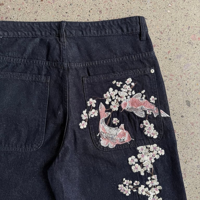 Derschutze Sakura Koi Embroidered Raw Denim Jeans - 21