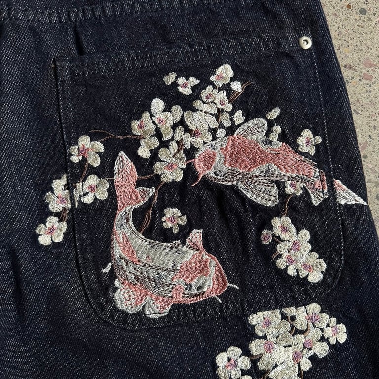 Derschutze Sakura Koi Embroidered Raw Denim Jeans - 22