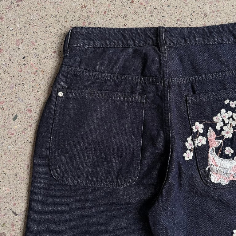 Derschutze Sakura Koi Embroidered Raw Denim Jeans - 23