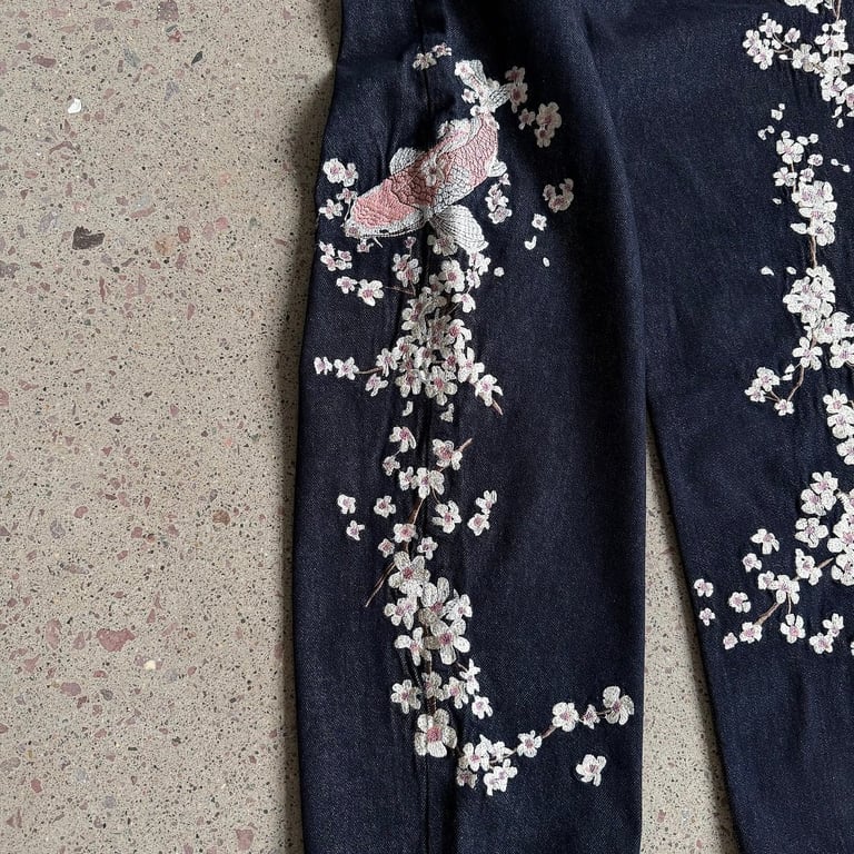 Derschutze Sakura Koi Embroidered Raw Denim Jeans - 25