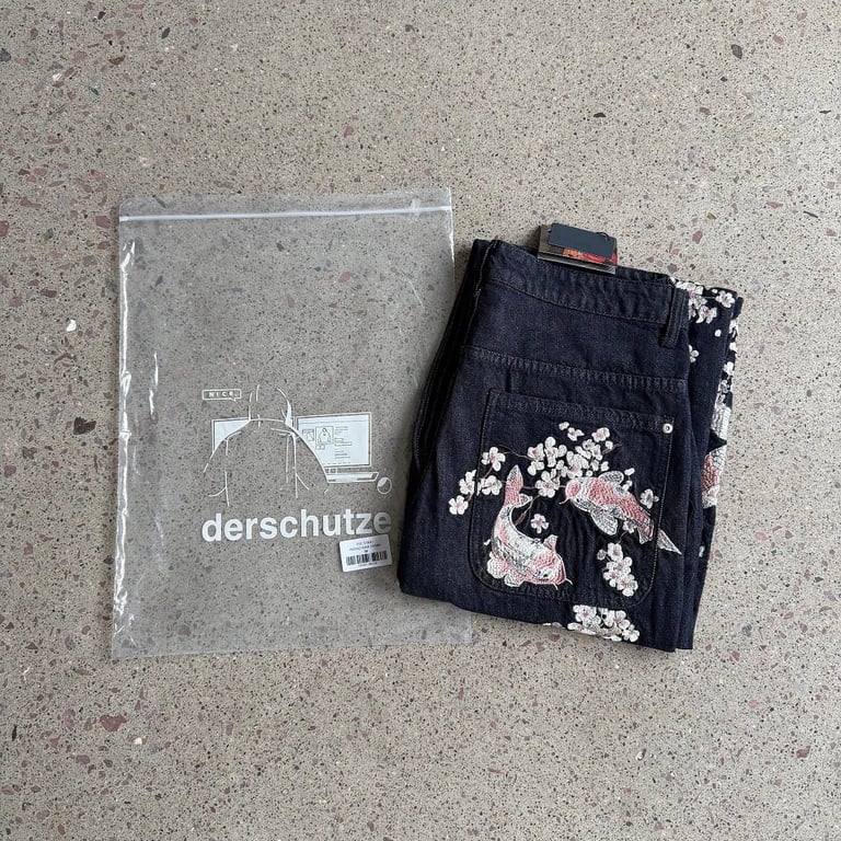 Derschutze Sakura Koi Embroidered Raw Denim Jeans - 4