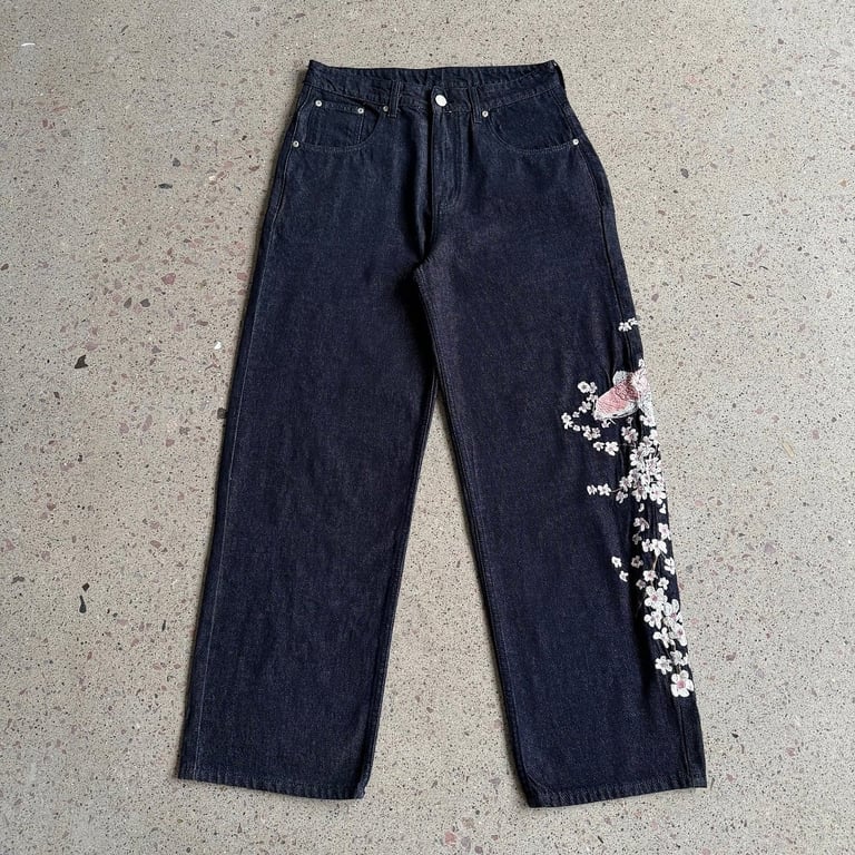 Derschutze Sakura Koi Embroidered Raw Denim Jeans - 6
