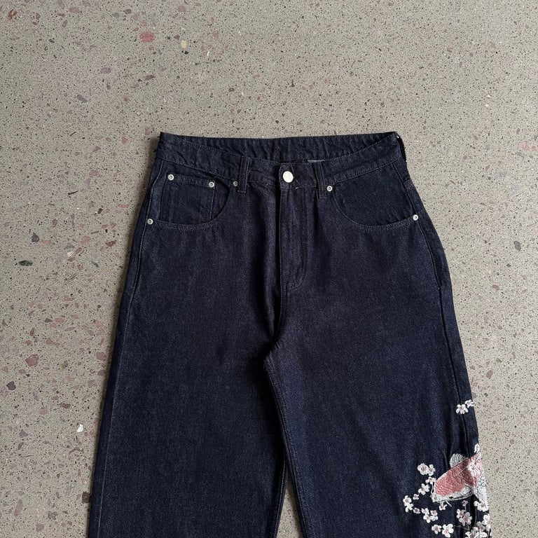 Derschutze Sakura Koi Embroidered Raw Denim Jeans - 7