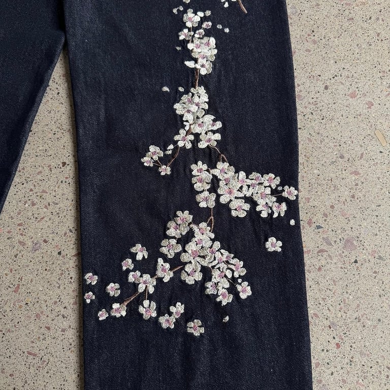 Derschutze Sakura Koi Embroidered Raw Denim Jeans - 8