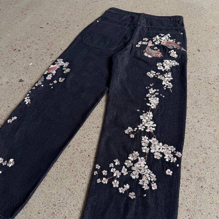 Derschutze Sakura Koi Embroidered Raw Denim Jeans - 9