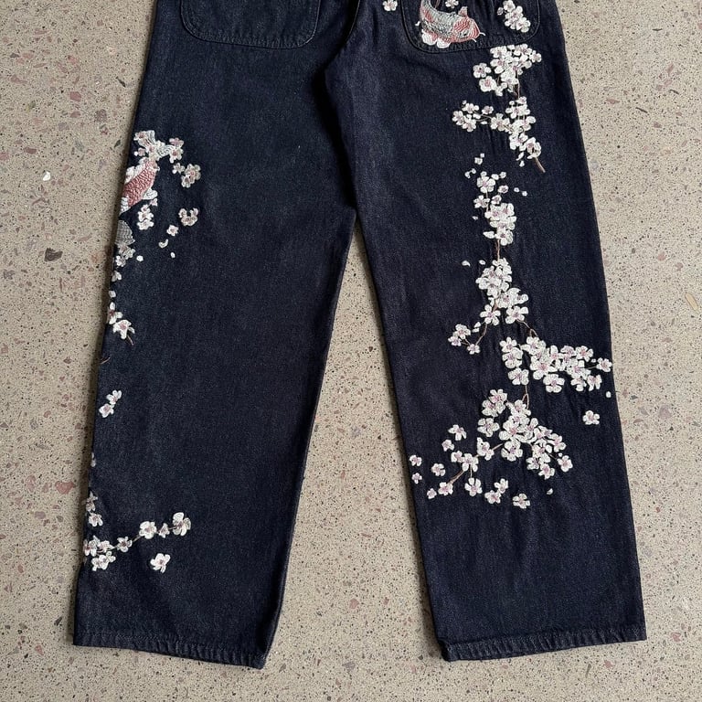 Derschutze Sakura Koi Embroidered Raw Denim Jeans - 10