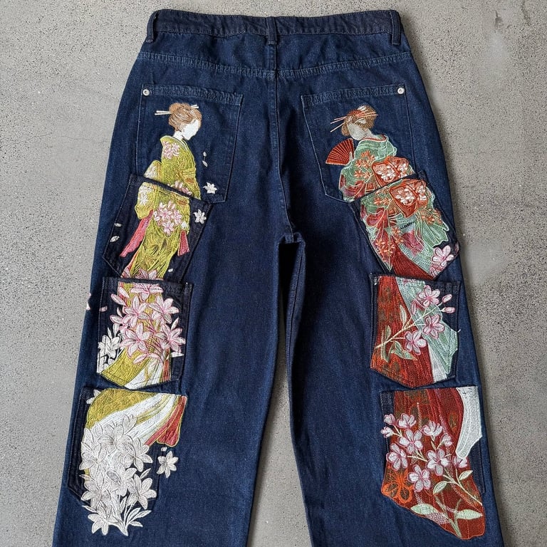 Derschutze Indigo Raw Denim Geisha Embroidery Jeans - 16