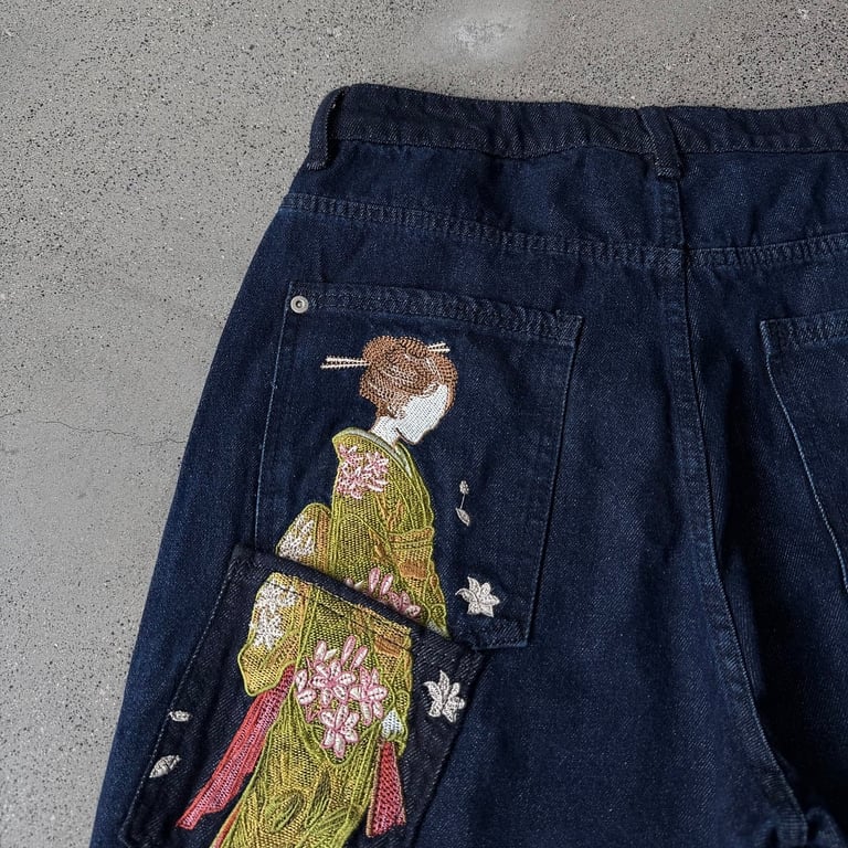 Derschutze Indigo Raw Denim Geisha Embroidery Jeans - 17