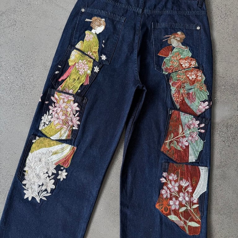 Derschutze Indigo Raw Denim Geisha Embroidery Jeans - 25