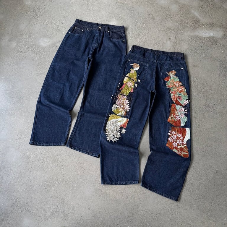 Derschutze Indigo Raw Denim Geisha Embroidery Jeans - 26