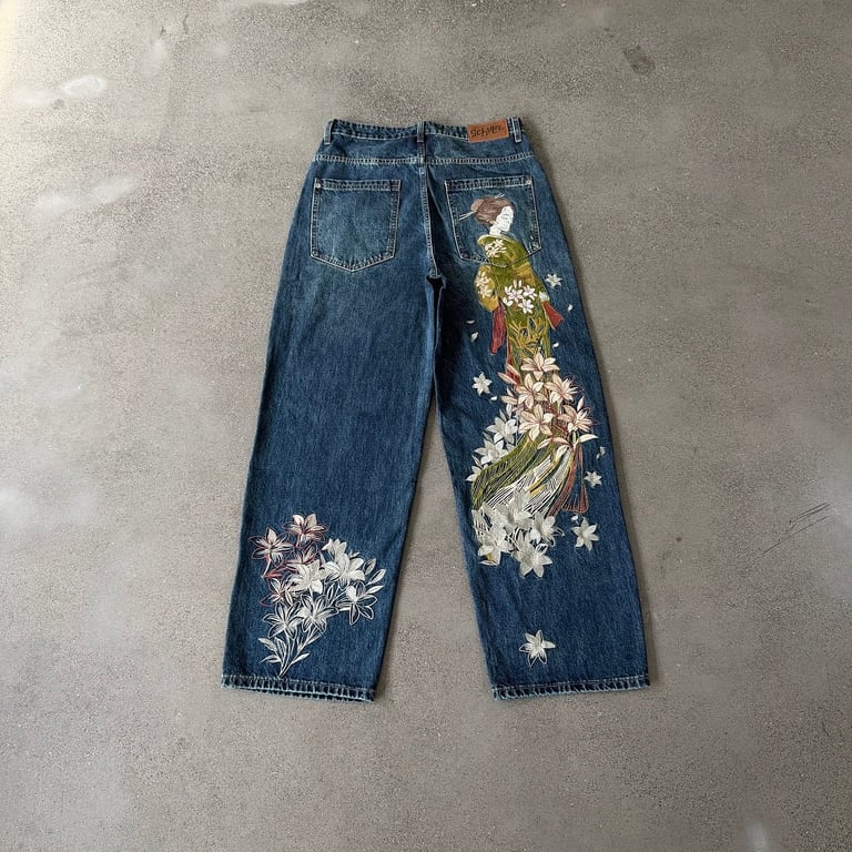 Derschutze Geisha Embroidery Wide Leg Jeans - 15