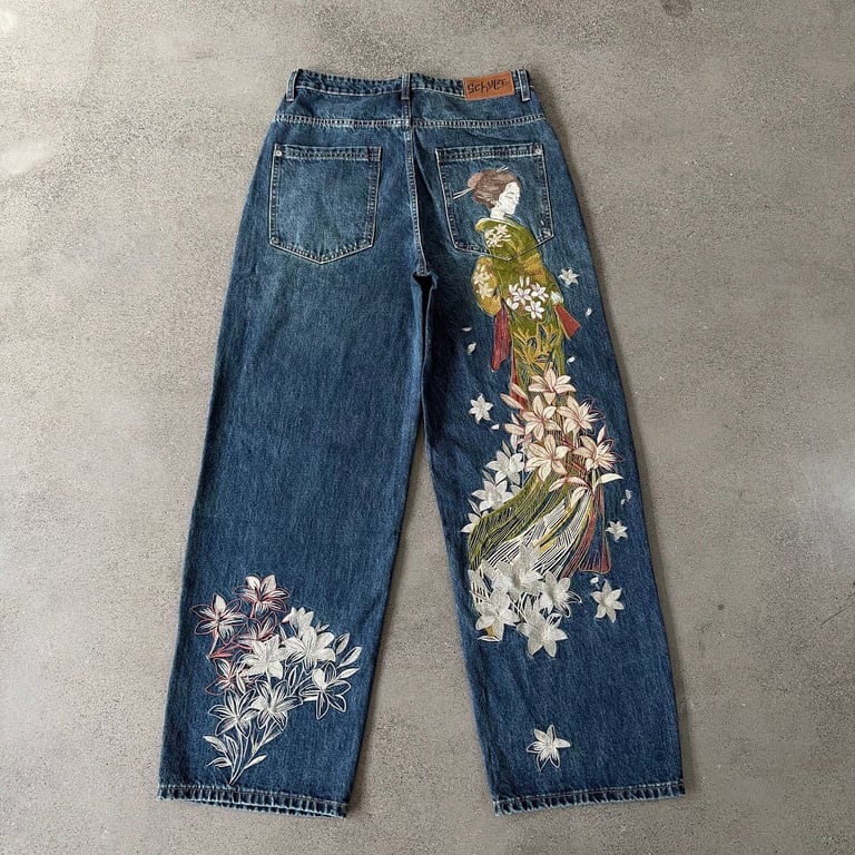 Derschutze Geisha Embroidery Wide Leg Jeans - 16