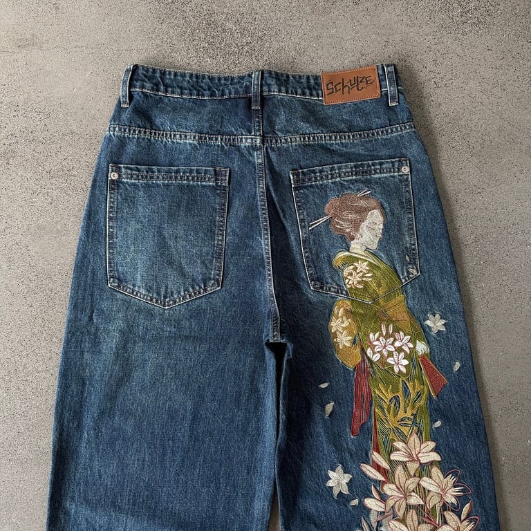 Derschutze Geisha Embroidery Wide Leg Jeans - 17