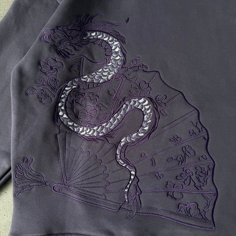 Derschutze Dragon Fan Embroidered Hoodie Purple - 12