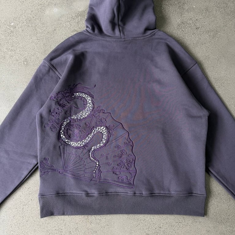 Derschutze Dragon Fan Embroidered Hoodie Purple - 13