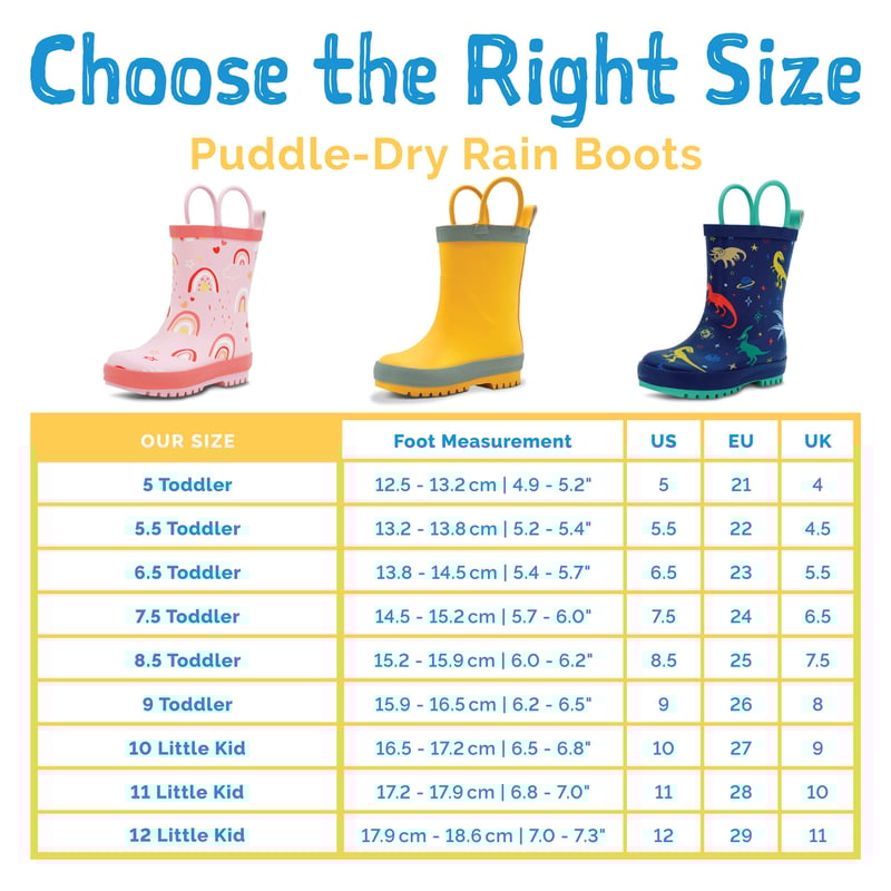Kids Toddler Puddle-Dry Rain Boots Size Chart