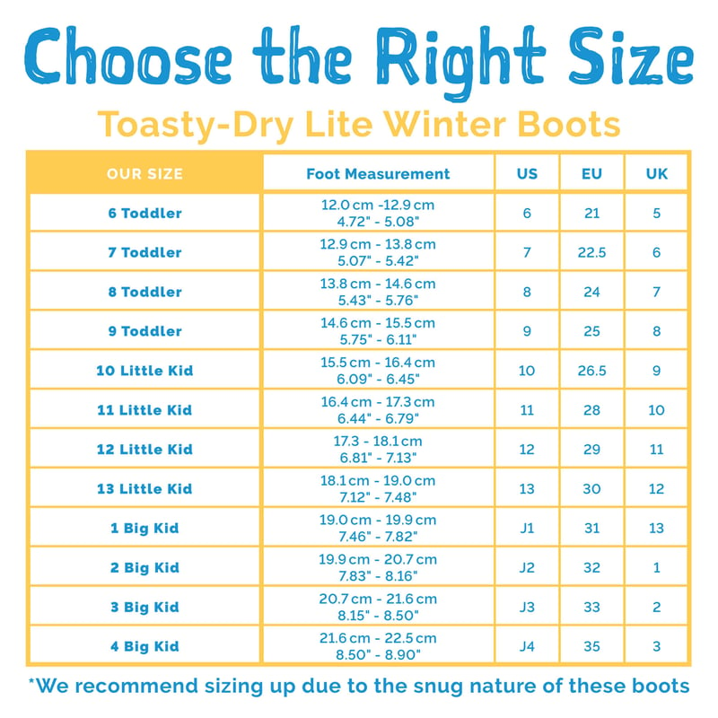 Toddler Kids Toasty Dry Lite Winter Boots Size Chart