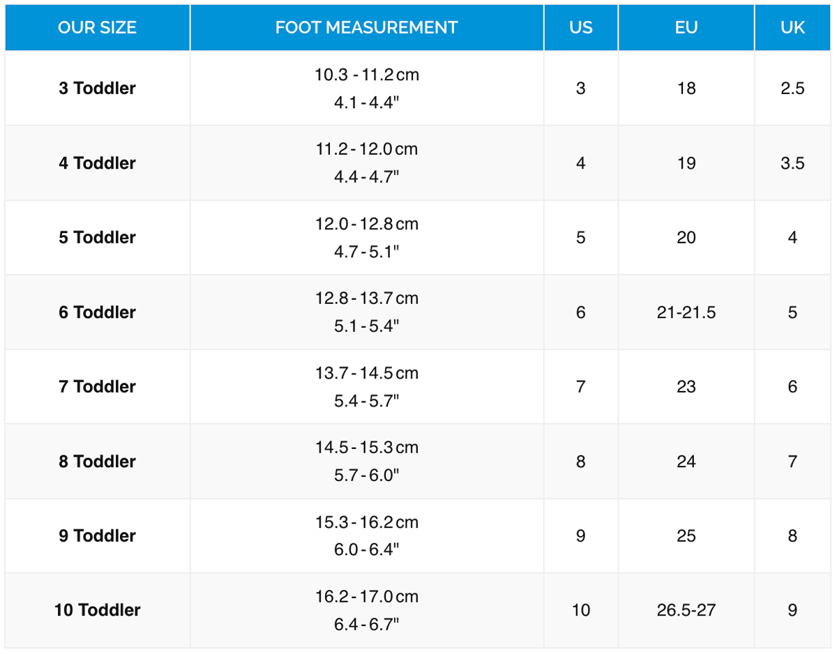 Water & Sock Shoe Size Chart