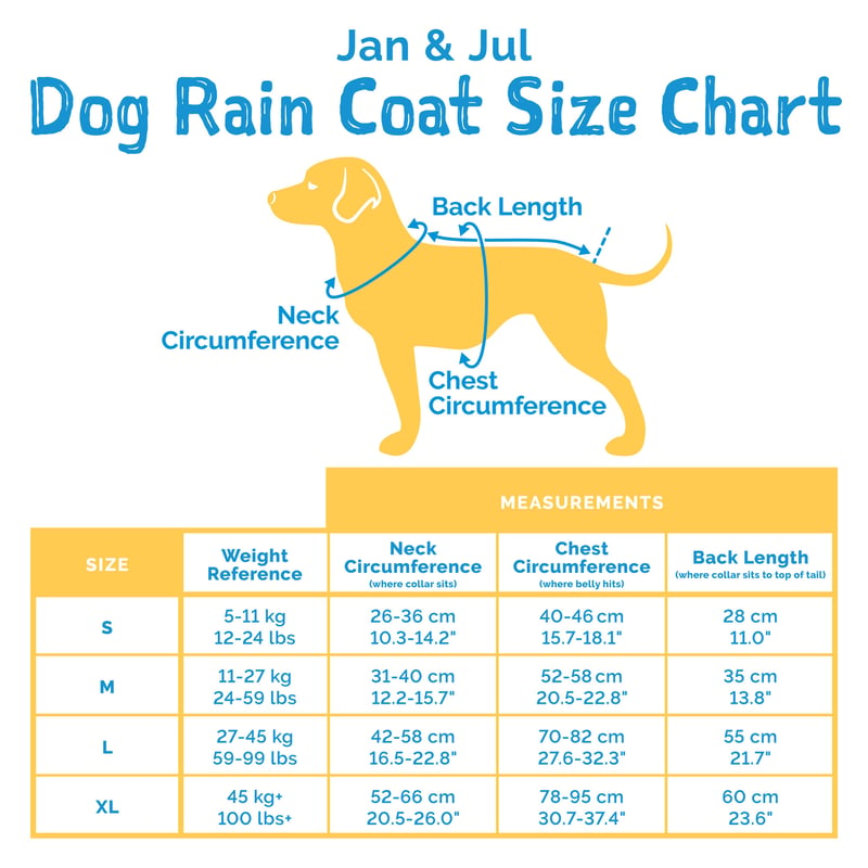 Dog Rain Jacket | Size Chart