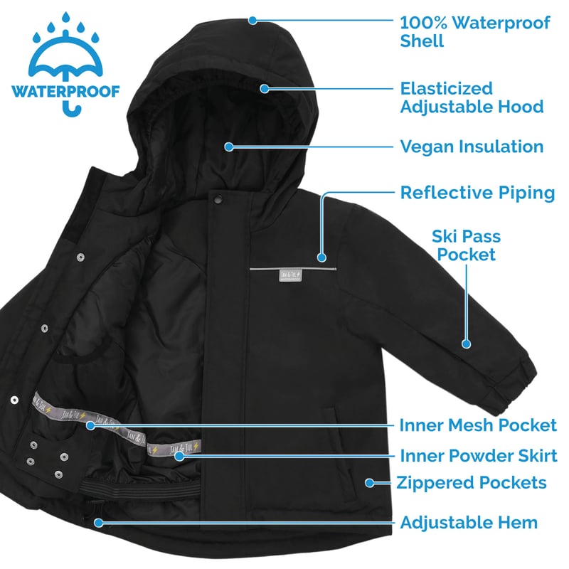 Kids Ski Jacket | Black Waterproof and Insulated | Jan & Jul