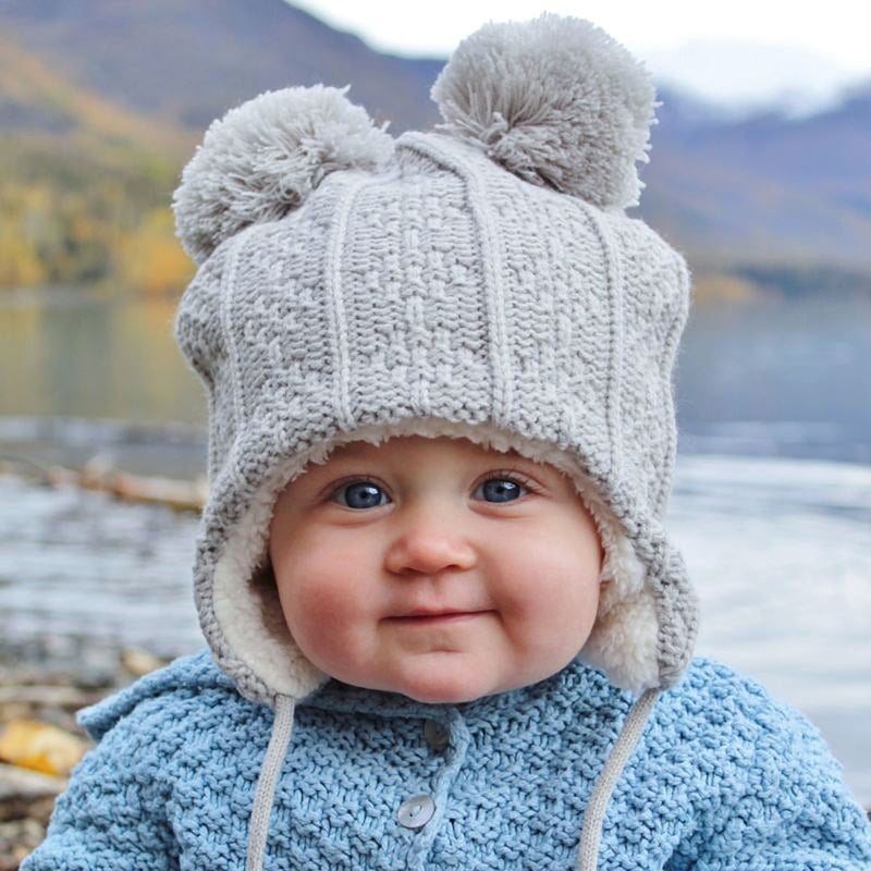 Kids Knit Winter Earflap Hats | Grey Bear