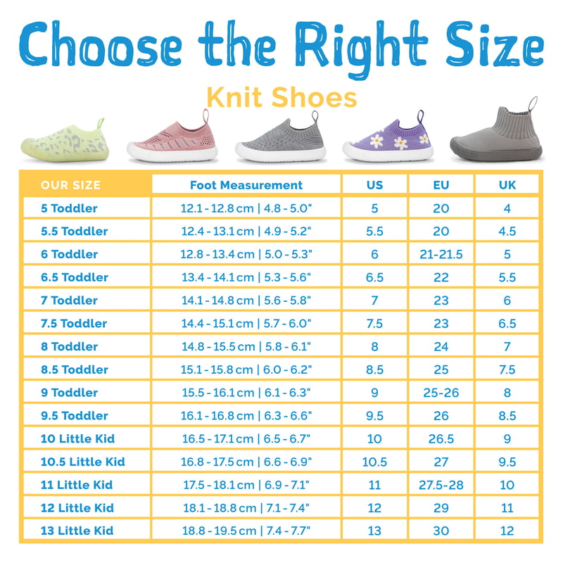 Toddlers Kids Knit Slip On Shoe Size Chart