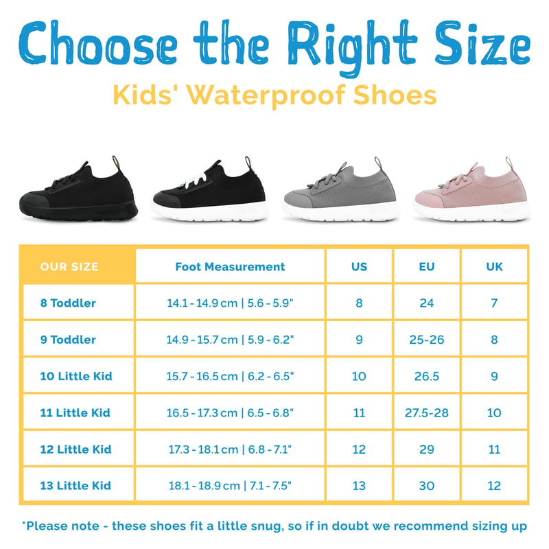 Kids Waterproof Shoe size chart