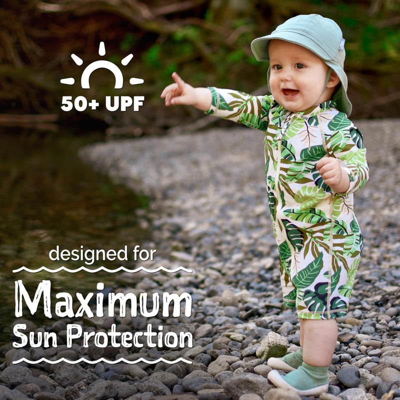 Kids One Piece UV Sun Suit | Green Tropical