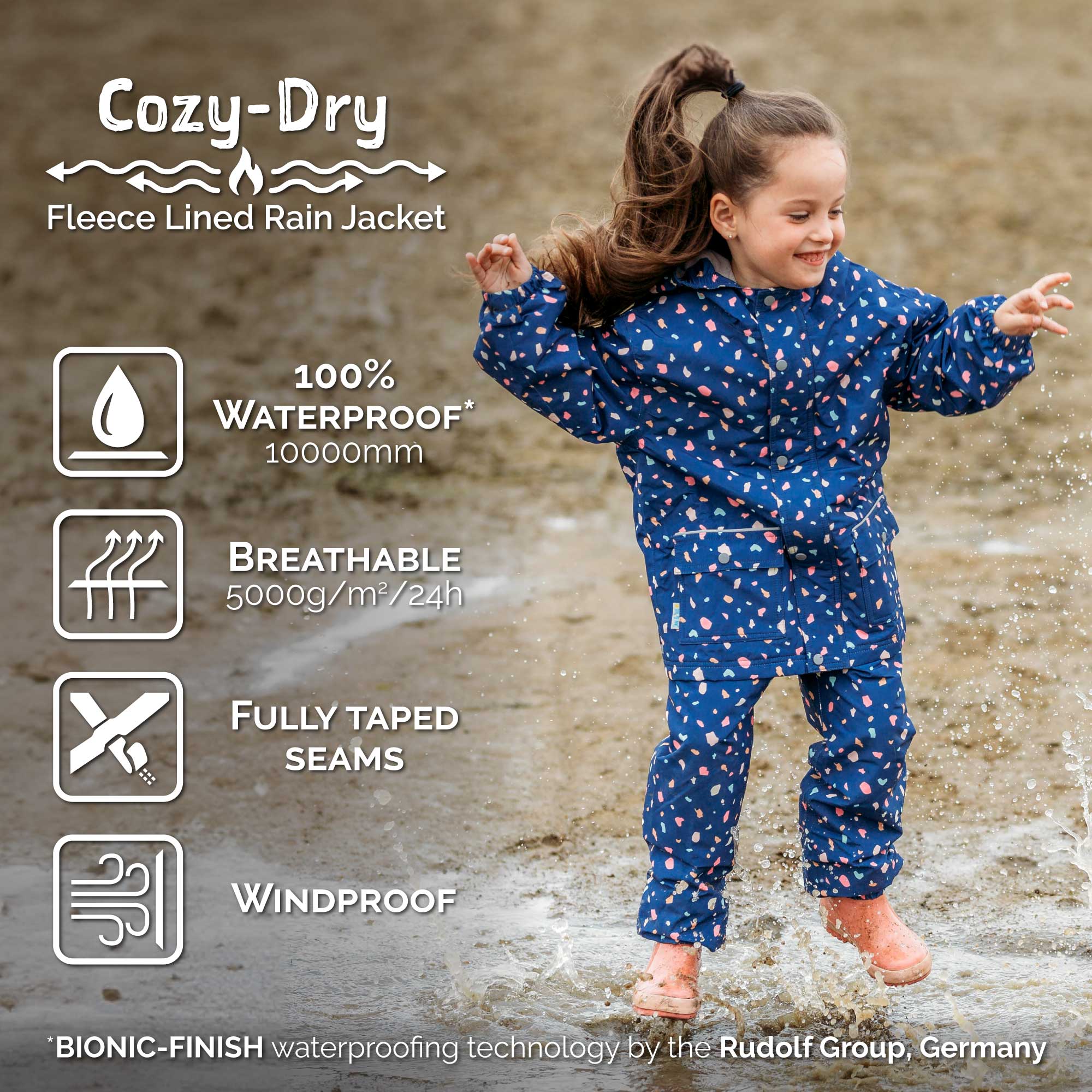 Kids Fleece Lined Rain Jackets | Winter Flowers Waterproof | Jan & Jul