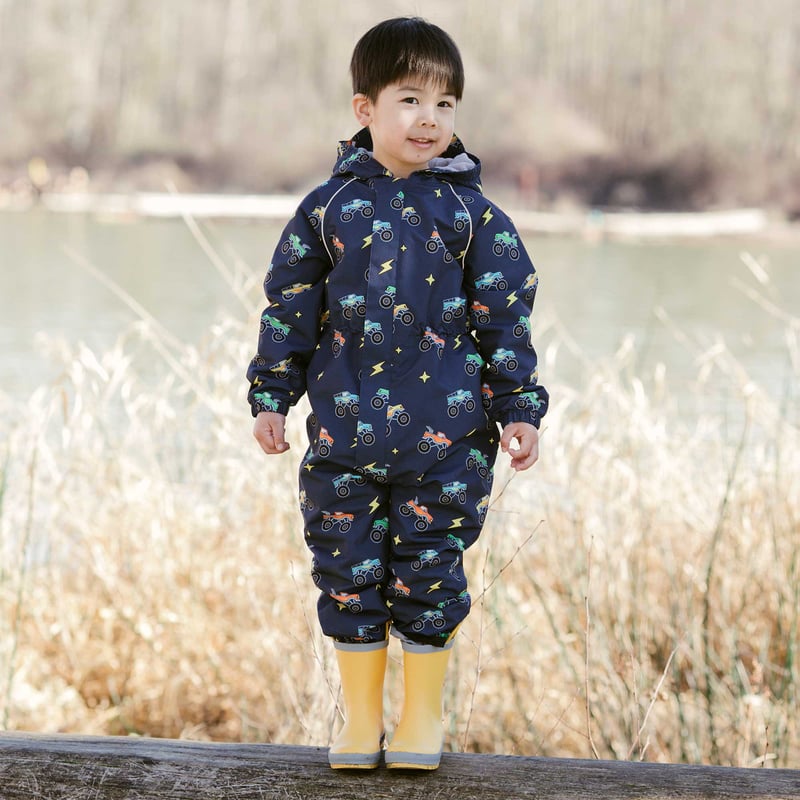 kids rainsuit (two prints available) – beo Images... Kids Fleece Lined Rain Suits | Big Trucks Waterproof | Jan & Jul
