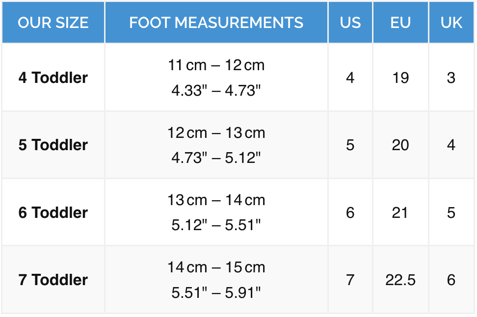 Stay-Put Trail Booties Size Chart