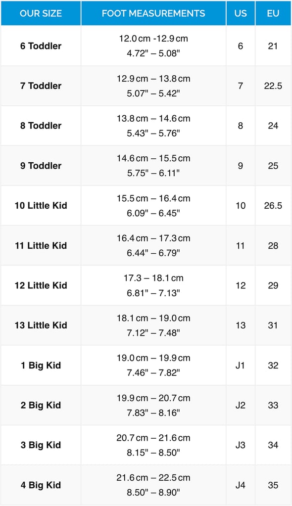 Lite Winter Boots Size Chart