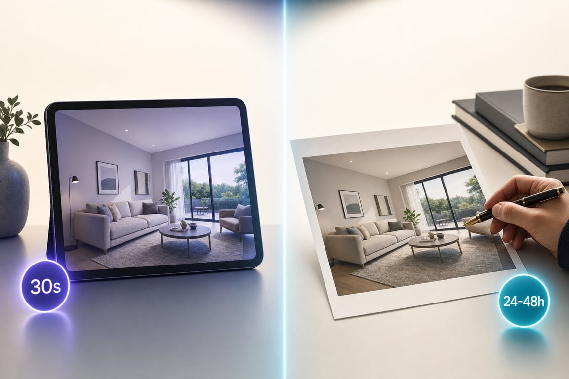 Editorial comparison illustration: side-by-side AI vs human virtual staging