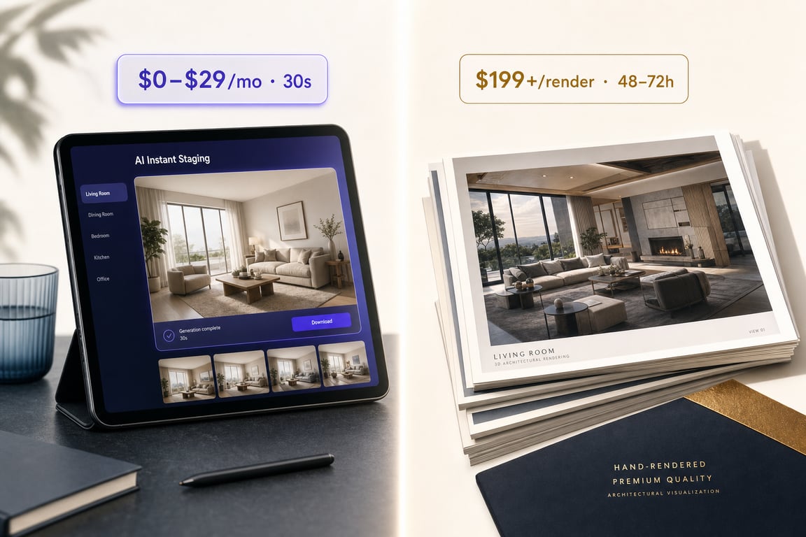 Editorial comparison illustration: instant AI staging vs premium 3D-rendered staging