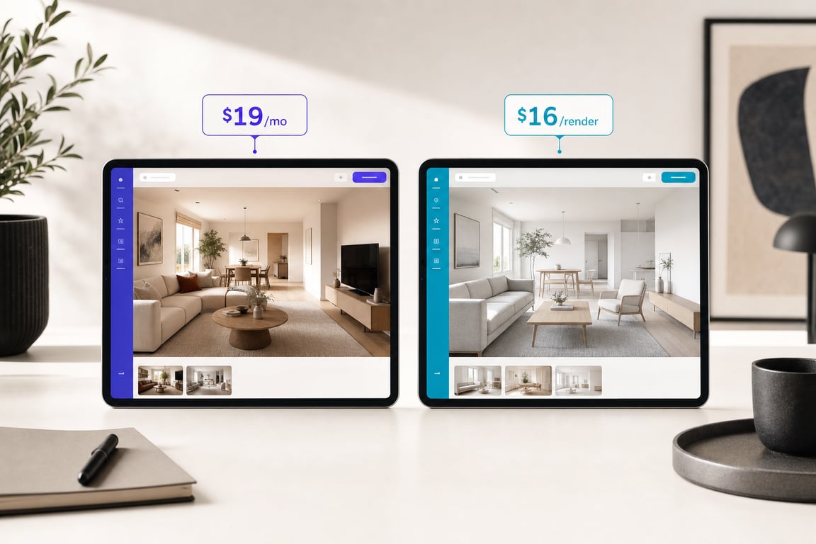 Editorial comparison illustration: two AI-generated rooms side-by-side