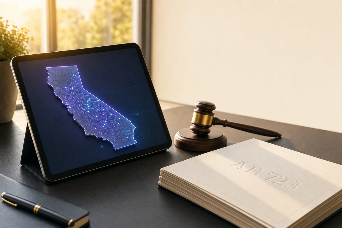 Editorial illustration evoking California AB 723: a tablet showing the California state outline overlaid with AI-circuit patterns, beside a wooden gavel and paperwork