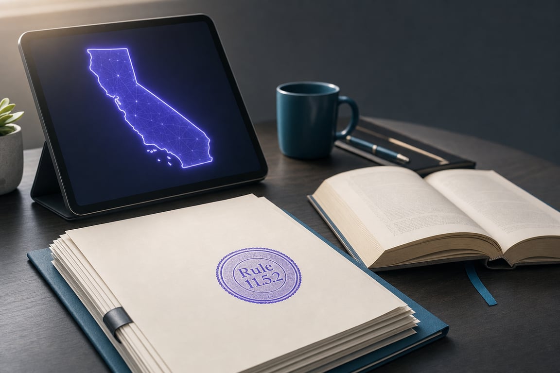 Editorial illustration: California state outline on a tablet beside a rulebook and an embossed "Rule 11.5.2" seal